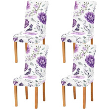 Lila virágmintás étkezőszékhuzatok, 4 darabos szett, karfa nélküli, rugalmas és mosógépben mosható – kompatibilis a hagyományos