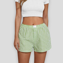 Shorts xadrez retrô femininos, casuais e confortáveis, de cintura alta e pernas largas.