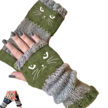 Guantes sin dedos con bordado de gato para mujer, guantes de punto compatibles con pantallas táctiles con un bonito diseño de gato, calentadores de