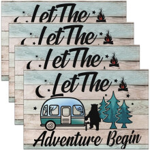 Camping placemats 12x18, set van 4, vrolijke camping placemats voor meisjes, rustieke houten camper, krasbestendig, boerderijbeer & bergdesign.