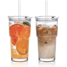 20-oz-Trinkgläser mit geriffelter Oberfläche, Deckel und Strohhalm (2er-Pack) – für Eiskaffee, Saft und Smoothies; inklusive Reinigungsbürste;