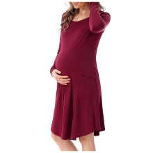 Maternity Dress Long Sleeve Nursing Gown Side Pockets Homewear Midi Dresses for Spring and Summer Sleep Wine L
