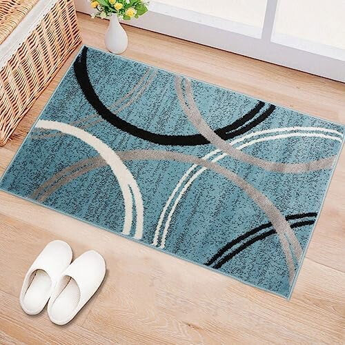 Wavy Circles Accent Rug with Jute Backing Blue 2 ft x 3 ft
