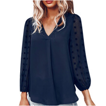 Damen-Frühlingsmode, Damen-Freizeitmode, Sommerbluse, einfarbig, V-Ausschnitt, lange Ärmel, Chiffonbluse