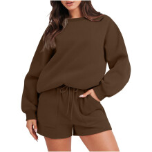 Dames tweedelige bijpassende set: sweatshirt met ronde hals en lange mouwen + shorts, lounge-/trainingspakset