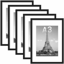 A3 Picture Frame Set of 5, Display Pictures 8.3x11.7 with Mat or 11.7x16.5 Without, Wall Gallery Poster Frames, Black