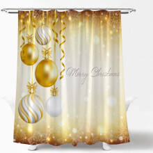 Rideau de douche à motif de boules de Noël dorées avec flocons de neige et ruban – Compatible avec les crochets standard