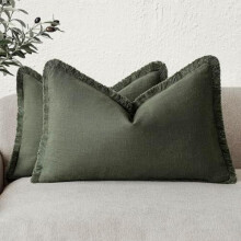 Lot de 2 housses de coussin lombaire en lin à franges, 30 x 50 cm, vert olive foncé, style bohème champêtre avec pompons – Compatibles avec les