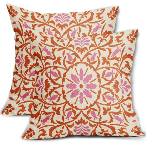 Πορτοκαλί & Ροζ Μαξιλαροθήκες Boho 18x18", Vintage Λουλούδι, Λινές Μαξιλαροθήκες,