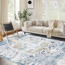Vintage Medallion Rug 8x10 Washable Non-Slip Retro Oriental Carpet Soft Thin Non-Shedding Chenille Low Pile Foldable Dining Room Blue