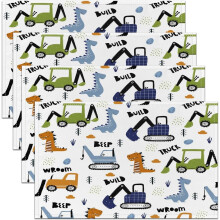 Set van 4 placemats met bouwvoertuigen (45 x 30 cm) – Ontwerpen: graafmachine, dinosaurus en vrachtwagen, blauw/groen/geel, geschikt voor binnen en