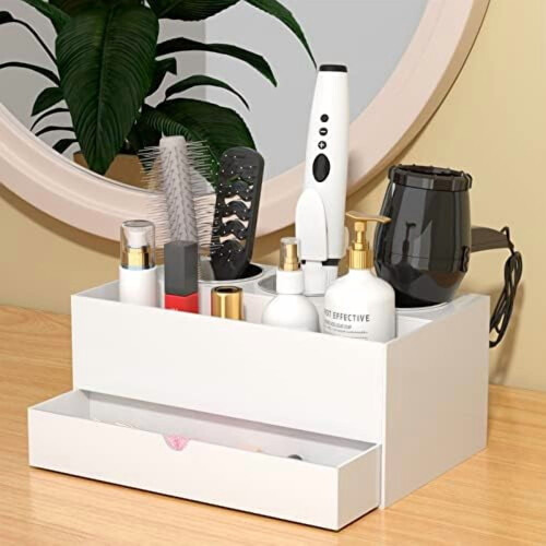 Weißer Acryl-Haarstyling-Organizer mit 3 Stahlbechern 1