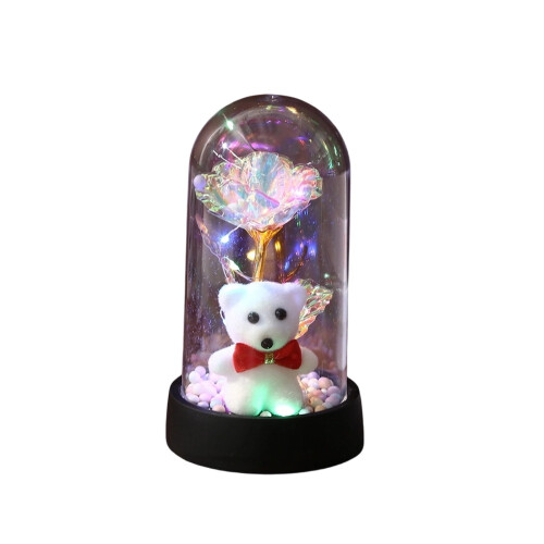 LED Rose Bear Night Light with Blue Preserved Flower and 1