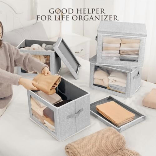 3-Pack Fabric Storage Bins with Lids, Clear Window & Handles 2