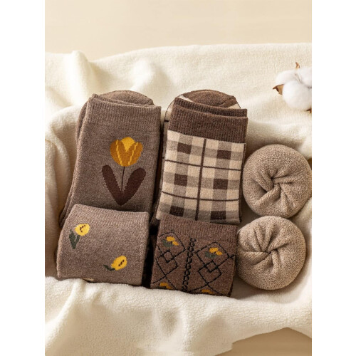 Damen-Socken mit floralem Karomuster, 6 Paar 2