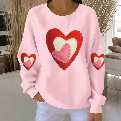 Felpa da donna a coste con scollo rotondo e cuore per San Valentino, lunga 1