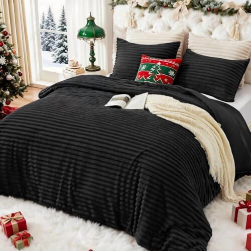 Fluffy Queen Comforter Set Black Faux Fur 3-Pc 1