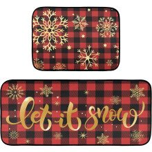 Let it Snow Red Buffalo Kitchen Rug Set of 2 – Anti-Fatigue, Non-Slip, Washable Tartan Plaid Runner & Mat with Golden Snowflakes, Compatible with
