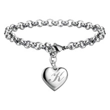 Initial Charm Bracelet for Teen Girls & Women – Stainless Steel Heart Alphabet Jewelry, 26 Letters, One Size, Compatible with All Wrist Sizes