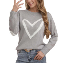 Pulover tricotat cu imprimeu de inimă pentru femei, guler rotund, mărime S-XL
