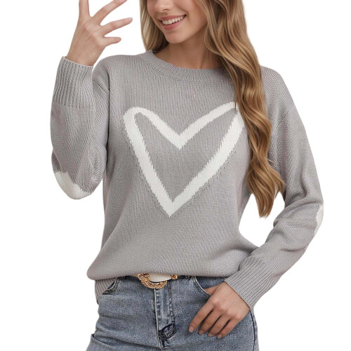 Damen-Strickpullover mit Herzmuster, Rundhalsausschnitt, Größen S-XL