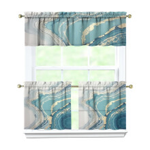 Blue-Green Marble 3-Pc Kitchen Curtains Set with Valance, Rod Pocket, Machine Washable (54"x18"+2x27.5"x24")