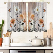 Orange floral window curtains, farmhouse style, white daisy & terracotta leaf print, 27.5"x39", 1 pair, retro short tiers for kitchen, living room,