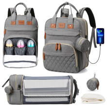 Diaper Bag Backpack with Changing Station, USB Port, Foldable Crib, Sunshade, Pacifier Case & Stroller Straps – Grey