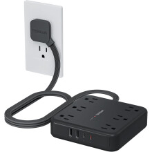 Black Extension Cord with Fast Charger, Surge Protector Power Strip (6 Outlets + 4 USB, 2100J), Flat Plug, Compatible with Home/Office/Dorm