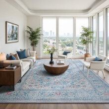 Washable Rug 5x7, Blue Area Rugs Non Slip, Indoor Low Pile Carpet with Rubber Backing for Living Room Kitchen Bathroom Entryway Office Bedroom