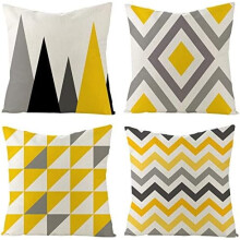 Lot de 4 housses de coussin géométriques jaunes/grises 50 x 50 cm en lin – Housses de coussin carrées modernes pour canapé, lit et décoration