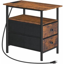 Narrow End Table with Charging Station, 2 Non-Woven Drawers, Slim Side/Nightstand for Small Spaces – Rustic Brown & Black, Compatible with