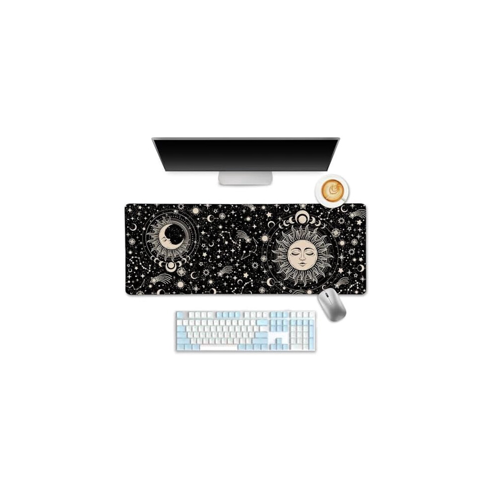 Sun Moon Mouse Pad Desk Mat, 31.5X11.8 In, Stitched Edges, Non-Slip, For Computer/Laptop/Gaming, Boho Gothic Decor White 9149926267942