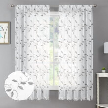 Grey Leaf Sheer Curtain Leaves Embroidered Bedroom Curtains Rod Pocket Voile Window Treatments for Living Room, 38 x 63 inches Long, Set of 2 Panels