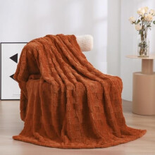 Burnt Orange Fleece Throw Blanket 50”60”, Super Soft Plush Microfiber with 3D Checkered Design, Lightweight for Couch/Sofa/Bed
