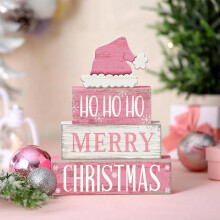 4-teiliges weihnachtliches Etageren-Dekor, rustikales Holzschild mit Weihnachtsmannmütze, rosa Mütze, weihnachtliches Mittelstück für