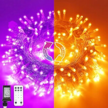 Guirlande lumineuse d'Halloween à 200 LED, 11 modes, orange/violet, fil transparent, connectable, intérieur/extérieur, compatible avec les