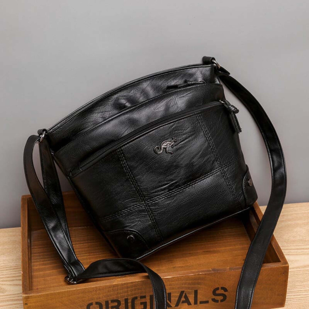 Soft Leather Messenger Bag, Multi-Pocket Shoulder Bag, Large Capacity Crossbody Handbag, Women's Casual Leather Tote Black