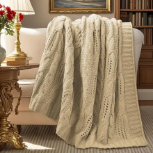 Chunky Knit Throw Blanket Beige 50x60 Inch