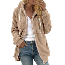 Abrigo de invierno de felpa suave para mujer, talla grande, sudadera con capucha y cremallera, top ligero de piel sintética – Caqui, 5XL