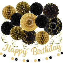 Kit de décoration d'anniversaire noir et or – 20 pompons, serpentins, lanternes, guirlande et banderole pour décor de fête d'adultes (compatible