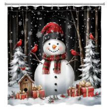 Rideau de douche Bonhomme de neige et sapin de Noël, oiseaux rouges sur fond noir, imperméable, 183 x 198 cm, 12 crochets, compatible avec les