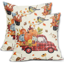 Housses de coussin automnales 50 x 50 cm, lot de 2, motif citrouille/feuille/camion, housses de coussin carrées en lin, décoration extérieure