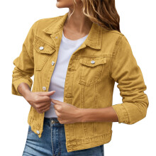 Opruiming! Hontri Dames Basic Effen Kleur Knoopsluiting Denim Katoenen Jas met Zakken Denim Jas Dames Denim Jas Geel M