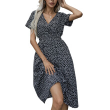 Vestido de gasa de manga corta con cuello en V y estampado bohemio de lunares para mujer