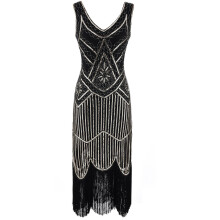 V-hals nauwsluitende jurk voor dames met een maatje meer, vintage jaren 1920 flapperstijl met kwastjes, perfecte avondjurk voor feestjes en