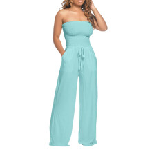 Macacão feminino casual, cor sólida, sem alças, modelagem solta, pernas largas, cordão na cintura, com bolsos, caimento relaxado, confortável
