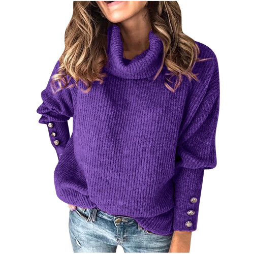 Damen-Rollkragenpullover, Strickpullover, Langarm, elegant, lässig, Lila, Größe S
