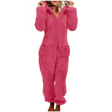 Damen-Fleece-Schlafanzug mit Kapuze und Füßen, warme Winter-Nachtwäsche, langärmeliger Overall mit Reißverschluss, Größen S–2XL, Pink