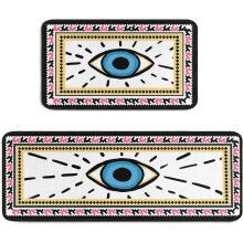 Evil Eye Kitchen Rugs Set of 2 – Boho Non-Slip White Cushioned Runner & Mat (17"x47"+17"x30") for Kitchen, Bedroom, Farmhouse Decor